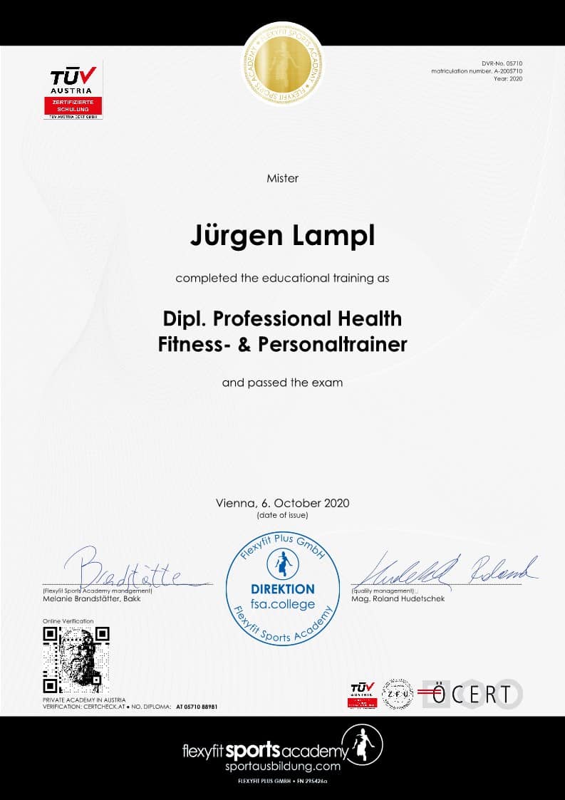 Jurgen Lampl - Diploma Professional Health & Fitness & Personal Trainer