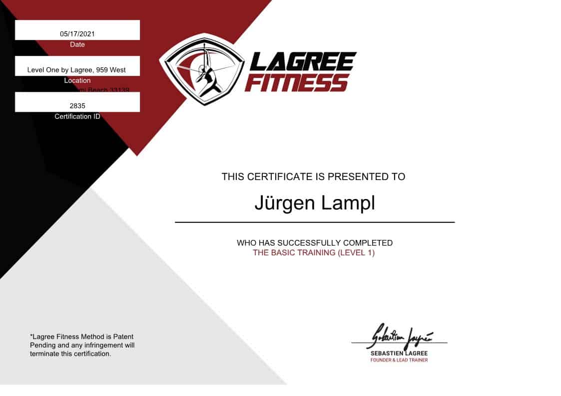 Jurgen Lampl - Certificate - Lagree Fitness Trainer